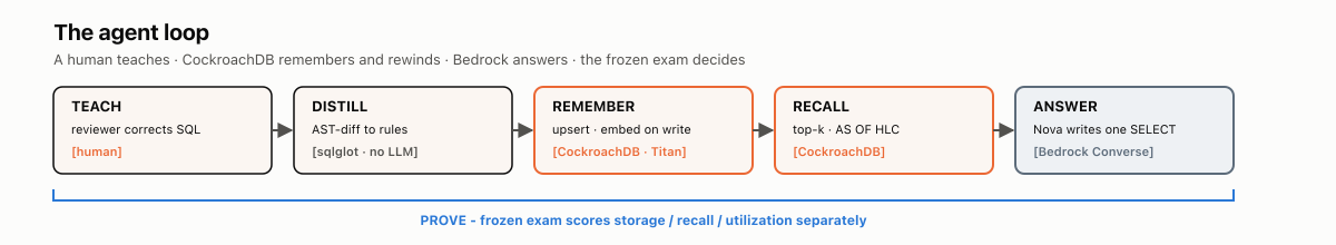 Agent loop: Teach → Distill → Remember → Recall → Answer; Prove is the frozen exam